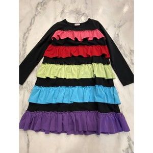 Hanna Anderson Little Girls Rainbow Size 140 (US 10) Dress Ruffles & Long Sleeve